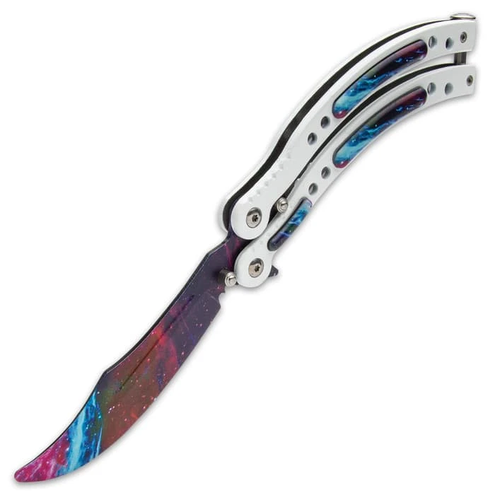 White Galaxy Butterfly Trainer - Stainless Steel Blade, Water Transfer Design, Stainless Steel Handles - Closed Length 6” 4 White Galaxy Butterfly Trainer - Stainless Steel Blade, Water Transfer Design, Stainless Steel Handles - Closed Length 6” - Image 4