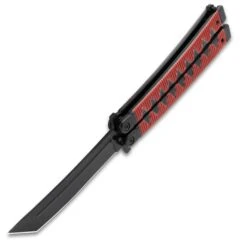 Red Samurai Butterfly Knife - CNC Black Stainless Steel Tanto Blade, Aluminum Handle, Latch Lock - Length 9 3/4" -Knife Series Shop E49 VB1937