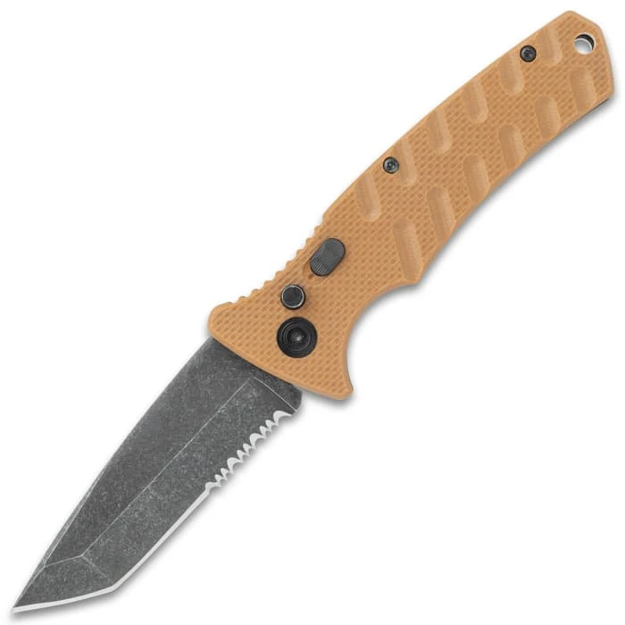 Bronze Serrated Automatic Knife - Stainless Steel Blade, G10 Handle, Safety Lock, Pocket Clip - Length 8" 5 Bronze Serrated Automatic Knife - Stainless Steel Blade, G10 Handle, Safety Lock, Pocket Clip - Length 8" - Image 5