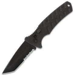 Black Serrated Automatic Knife - Stainless Steel Blade, G10 Handle, Safety Lock, Pocket Clip - Length 8" -Knife Series Shop F04 VB2198
