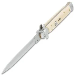 Automatic Italian Ivory Stiletto Knife With Pouch - Stainless Steel Blade, Faux Ivory Handle, Brass Pins - Length 13" -Knife Series Shop F04 VB2310