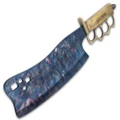 Combat Cleaver Trench Knife And Sheath - Fire Kissed 1095 Carbon Steel Blade, Brass Knuckle Guard Handle, Distressed Finish - Length 15” -Knife Series Shop F17 BK5000