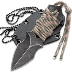 Black Legion Spearhead Neck Knife With Sheath - Solid Stainless Steel Construction, Stonewashed Finish, Paracord Wrapped Handle - Length 4 3/4” -Knife Series Shop F17 BV553