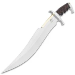 Gil Hibben 65TH Anniversary Spartan Bowie And Display Stand - 5Cr15 Stainless Steel Blade, Pakkawood Handle, Brass Spine - Length 20 5/8” -Knife Series Shop F17 GH5123