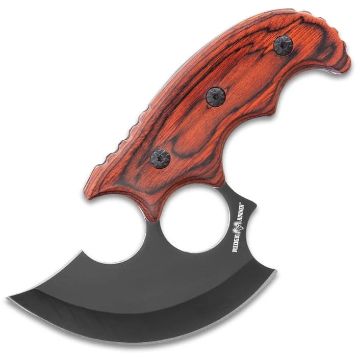 Ridge Runner Modified Ulu Knife With Sheath - Stainless Steel Blade, Full-Tang, Non-Reflective, Wooden Handle Scales - Length 6 1/2” 5 Ridge Runner Modified Ulu Knife With Sheath - Stainless Steel Blade, Full-Tang, Non-Reflective, Wooden Handle Scales - Length 6 1/2” - Image 5