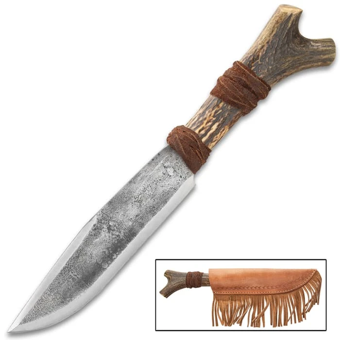 Timber Wolf Antler Fork Bowie Knife With Sheath - High Carbon Steel Blade, Genuine Horn Handle, Leather Accents - Length 14” 5 Timber Wolf Antler Fork Bowie Knife With Sheath - High Carbon Steel Blade, Genuine Horn Handle, Leather Accents - Length 14” - Image 5