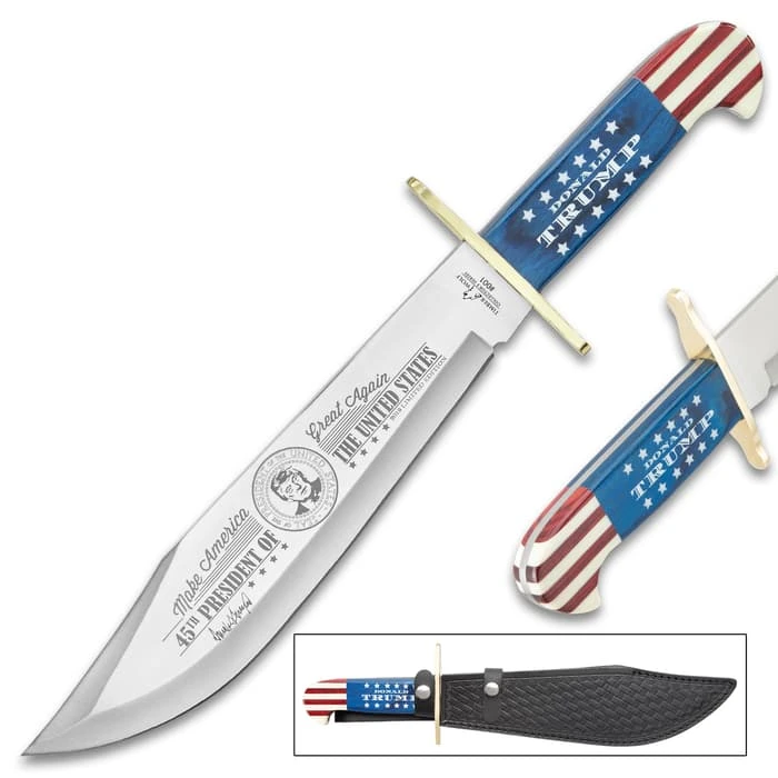 Timber Wolf Limited Edition Trump Bowie Knife And Sheath - Stainless Steel Blade, Wooden Handle Scales, Brass Guard - Length 16” 4 Timber Wolf Limited Edition Trump Bowie Knife And Sheath - Stainless Steel Blade, Wooden Handle Scales, Brass Guard - Length 16” - Image 4