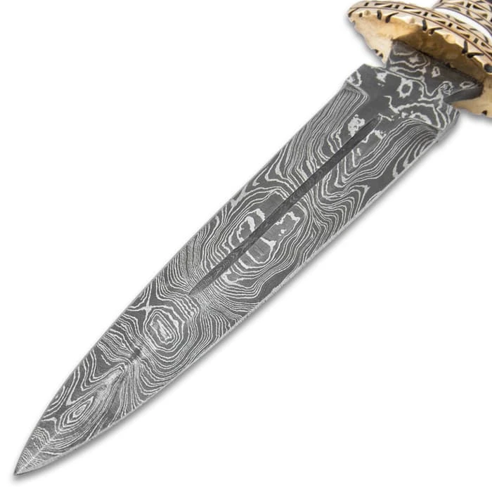 Timber Wolf Zulu Dagger And Sheath - Damascus Steel Blade, Bone Handle, Fileworked Guard And Pommel - Length 12 3/4” 5 Timber Wolf Zulu Dagger And Sheath - Damascus Steel Blade, Bone Handle, Fileworked Guard And Pommel - Length 12 3/4” - Image 5