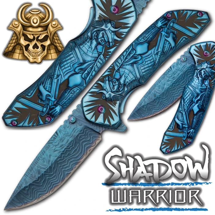 Shadow Warrior Assisted Opening Pocket Knife | DamascTec Steel Blade | Blue And Rainbow 5 Shadow Warrior Assisted Opening Pocket Knife | DamascTec Steel Blade | Blue And Rainbow - Image 5