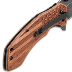 American Flag Pocket Knife - Stonewashed Black Stainless Steel Blade, Engraved Wooden Handle Scales, Pocket Clip 10 American Flag Pocket Knife - Stonewashed Black Stainless Steel Blade, Engraved Wooden Handle Scales, Pocket Clip -Knife Series Shop F19 BK4859