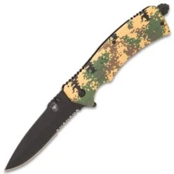 SOA Camo Field Pocket Knife With Firestarter - Stainless Steel Blade, ABS Handle, Assisted Opening, Pocket Clip - Closed 5 1/4” -Knife Series Shop F19 BK5390