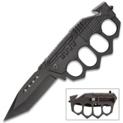 Black Folding Knuckle Knife - Stainless Steel Blade, ABS Handle, Seatbelt Cutter, Glass Breaker - Closed Length 5 1/4” -Knife Series Shop F19 BV575
