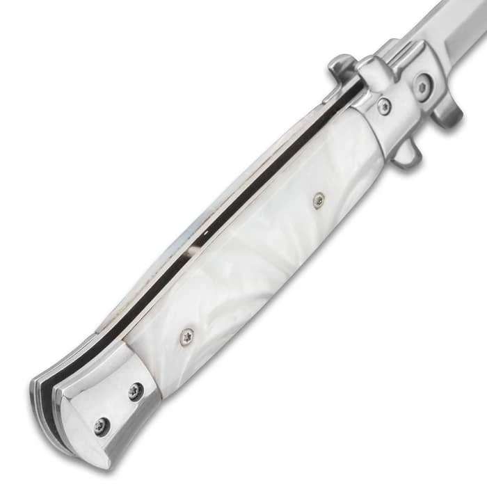 Kriegar German White Pearl Stiletto Knife - Stainless Steel Blade, Assisted Opening, Faux Pearl Handle, Stainless Bolsters And Pins 5 Kriegar German White Pearl Stiletto Knife - Stainless Steel Blade, Assisted Opening, Faux Pearl Handle, Stainless Bolsters And Pins - Image 5