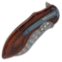 Shinwa Kikori Pocket Knife - Damascus Pattern Steel Blade, Wooden Handle Scales, Assisted Opening, Pocket Clip 10 Shinwa Kikori Pocket Knife - Damascus Pattern Steel Blade, Wooden Handle Scales, Assisted Opening, Pocket Clip -Knife Series Shop F19 KZ1115