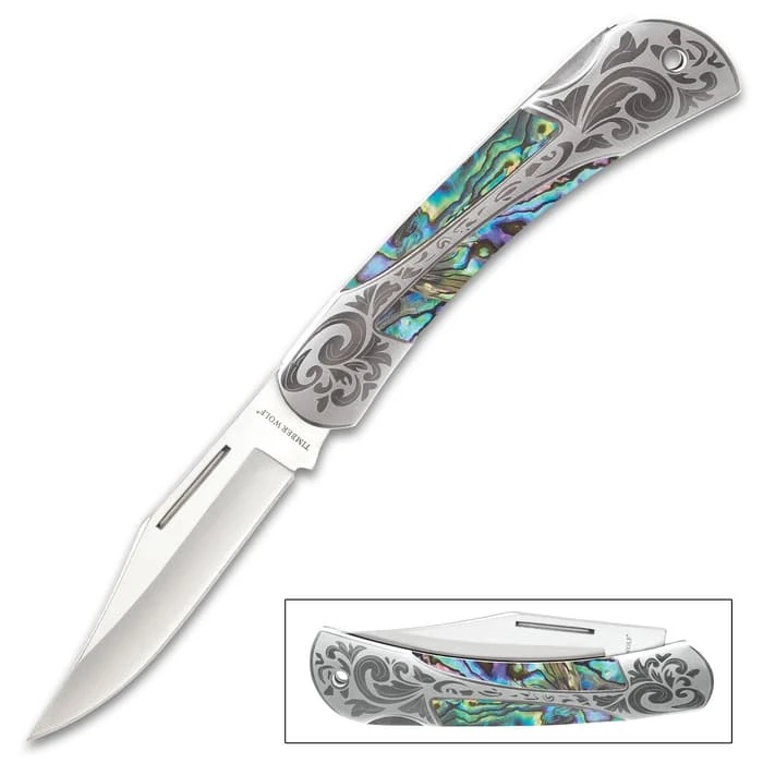 Timber Wolf Gentleman’s Abalone Pocket Knife - Lock Back, Stainless Steel Blade, Genuine Abalone Inlays, Nickel Silver Bolsters 5 Timber Wolf Gentleman’s Abalone Pocket Knife - Lock Back, Stainless Steel Blade, Genuine Abalone Inlays, Nickel Silver Bolsters - Image 5