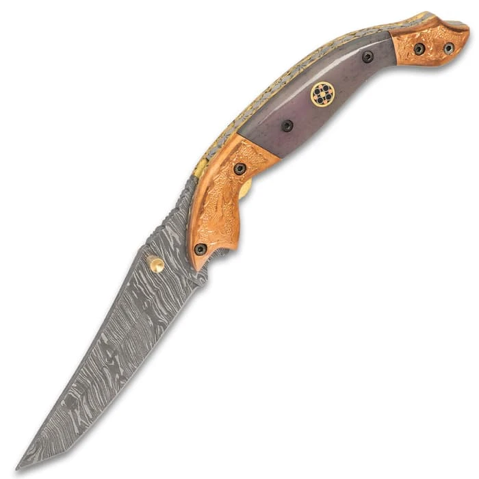 Timber Wolf Aspen Pocket Knife - Damascus Steel Blade, Bone Handle, Engraved Copper Bolsters, Fileworked Liners 5 Timber Wolf Aspen Pocket Knife - Damascus Steel Blade, Bone Handle, Engraved Copper Bolsters, Fileworked Liners - Image 5