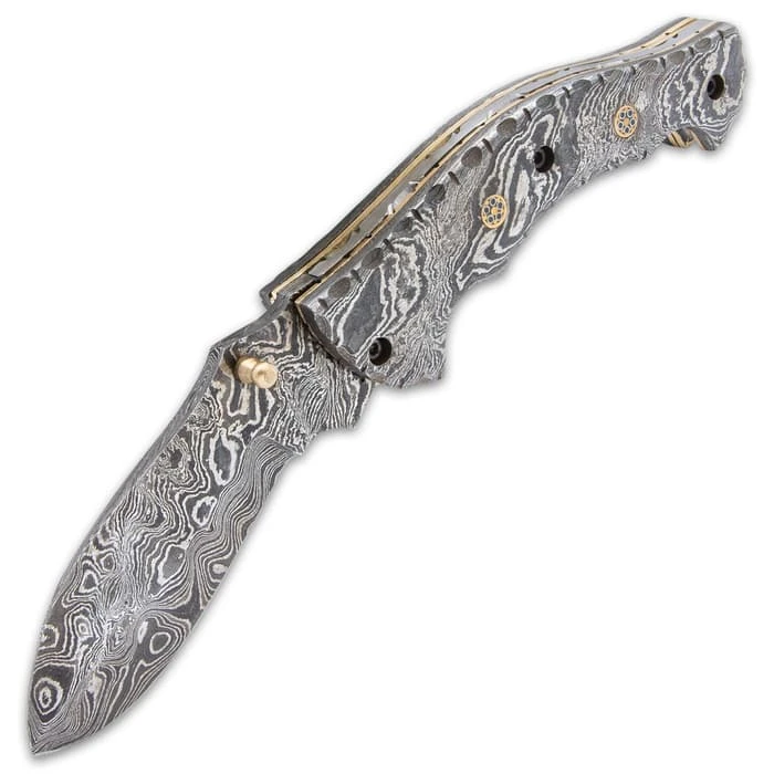 Timber Wolf Steam Pocket Knife - Damascus Steel Blade, Assisted Opening, Damascus Steel Handle, Brass Liners, Rosette Accents 5 Timber Wolf Steam Pocket Knife - Damascus Steel Blade, Assisted Opening, Damascus Steel Handle, Brass Liners, Rosette Accents - Image 5