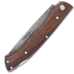 Timber Wolf Renegade Pocket Knife And Sheath - Damascus Stainless Steel Blade, Wooden Handle Scales, Fileworked Back -Knife Series Shop F19 TW1375