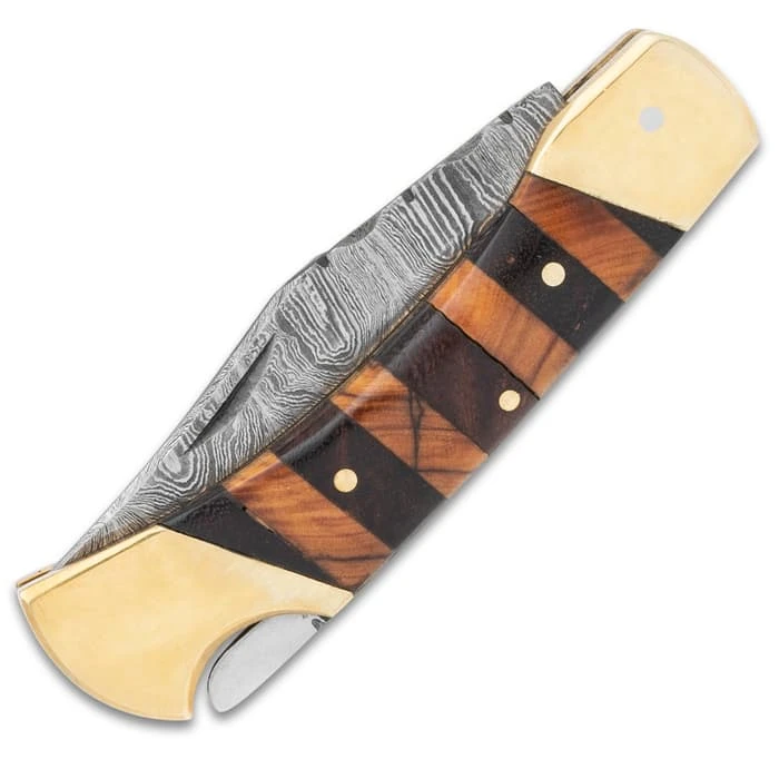Timber Wolf Copperhead Pocket Knife And Sheath - Damascus Steel Blade, Wooden Handle, Brass Bolsters And Brass Pins 4 Timber Wolf Copperhead Pocket Knife And Sheath - Damascus Steel Blade, Wooden Handle, Brass Bolsters And Brass Pins - Image 4