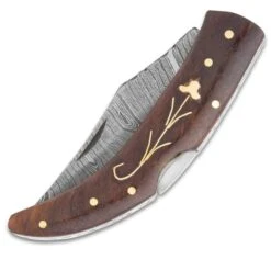 Timber Wolf Heidi Pocket Knife And Sheath - Damascus Steel Blade, Wooden Handle, Brass Flower Accent And Pins -Knife Series Shop F19 TW1377