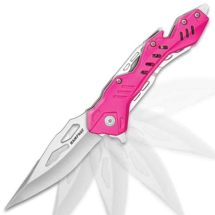 Rampage Pink Atomica Assisted Opening Pocket Knife - Stainless Steel Blade, Aluminum Handle, Bottle Opener, Pocket Clip - Closed 4 3/4” 5 Rampage Pink Atomica Assisted Opening Pocket Knife - Stainless Steel Blade, Aluminum Handle, Bottle Opener, Pocket Clip - Closed 4 3/4” - Image 5