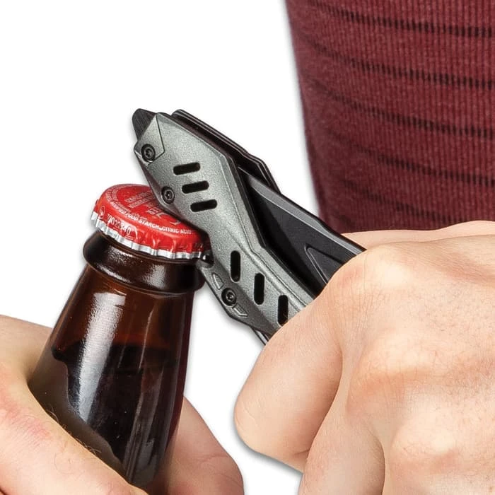 Rampage Grey Atomica Assisted Opening Pocket Knife - Stainless Steel Blade, Aluminum Handle, Bottle Opener, Pocket Clip - Closed 4 3/4” 5 Rampage Grey Atomica Assisted Opening Pocket Knife - Stainless Steel Blade, Aluminum Handle, Bottle Opener, Pocket Clip - Closed 4 3/4” - Image 5