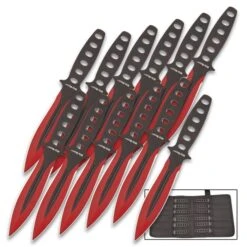 Ridge Runner Searing Red Throwing Set With Pouch - 12 Knives, One-Piece Stainless Steel Construction, Penetrating Point - Length 5 3/4” -Knife Series Shop F47 RR713