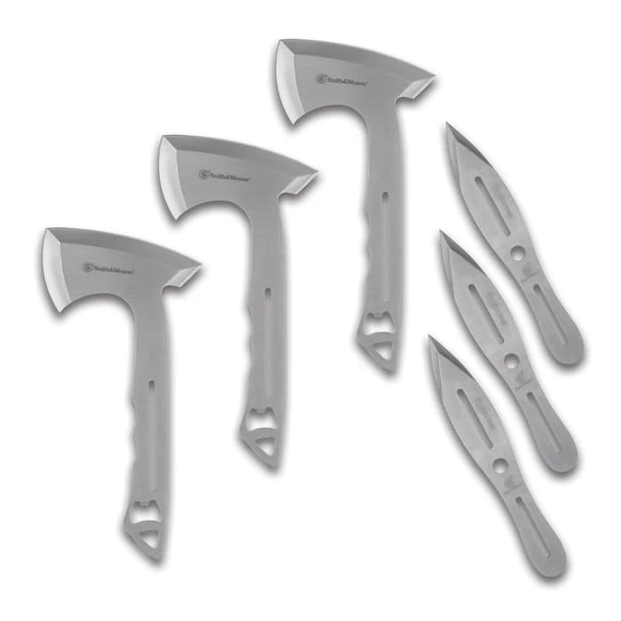 Smith & Wesson Throwing Combo Set With Sheaths - Stainless Steel Construction, Three Axes And Three Knives, Bottle Openers 5 Smith & Wesson Throwing Combo Set With Sheaths - Stainless Steel Construction, Three Axes And Three Knives, Bottle Openers - Image 5