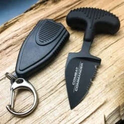 Combat Commander Mini Black Push Dagger - Sheath Has Keyring And Clip - Serrated Blade - 2 3/4” Length -Knife Series Shop F47 UC3171B