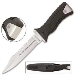 Delta Defender Dive Knife With Belt And Sheath - Stainless Steel Blade, Ridged ABS And TPR Handle, Sawback Serrations - Length 9 3/4” -Knife Series Shop G17 BK4589
