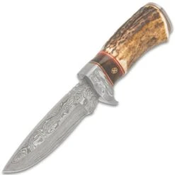 Timber Wolf Whitetail Ridge Skinning Knife With Sheath - Damascus Steel Blade, Stag Bone Handle, Brass Spacers - Length 8 1/2” -Knife Series Shop G17 TW1089