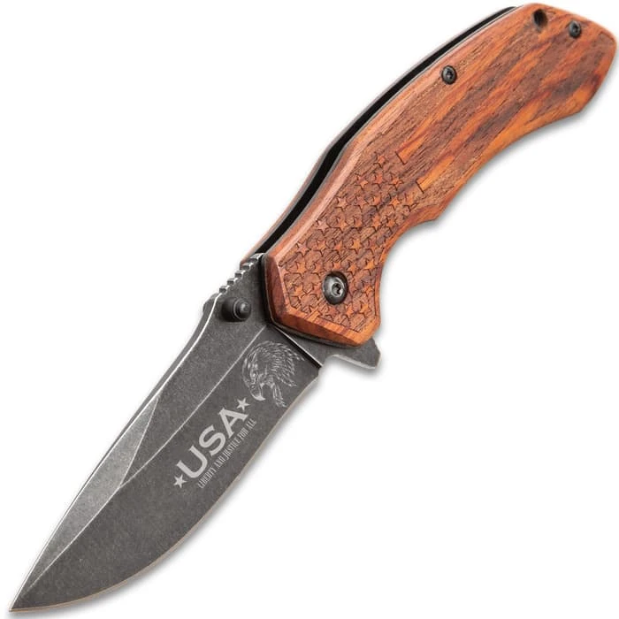 American Flag Pocket Knife - Stonewashed Black Stainless Steel Blade, Engraved Wooden Handle Scales, Pocket Clip 6 American Flag Pocket Knife - Stonewashed Black Stainless Steel Blade, Engraved Wooden Handle Scales, Pocket Clip - Image 6