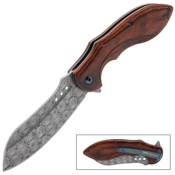 Shinwa Kikori Pocket Knife - Damascus Pattern Steel Blade, Wooden Handle Scales, Assisted Opening, Pocket Clip 6 Shinwa Kikori Pocket Knife - Damascus Pattern Steel Blade, Wooden Handle Scales, Assisted Opening, Pocket Clip - Image 6