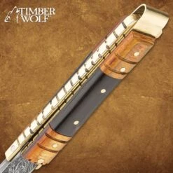 Timber Wolf Brass Barrister Pocket Knife - Damascus Steel Blade, Wooden Handle, Brass Pins And Liners - Closed 4 1/2” -Knife Series Shop G19 TW1195