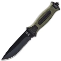 SOA Olive Drab Tactical Fixed Blade Knife And Sheath - Stainless Steel Blade, TPR Handle, Glassbreaker - Length 9 1/2” -Knife Series Shop H17 BK5546