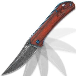 Shinwa Zhanshi Bloodwood Assisted Opening Pocket Knife - Stainless Steel Blade, Wooden Handle Scales, Blue Liners And Pocket Clip -Knife Series Shop H19 KZ1025