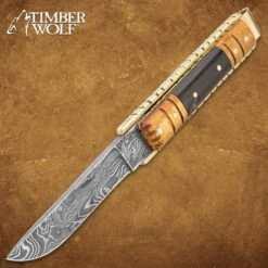 Timber Wolf Brass Barrister Pocket Knife - Damascus Steel Blade, Wooden Handle, Brass Pins And Liners - Closed 4 1/2” -Knife Series Shop H19 TW1195