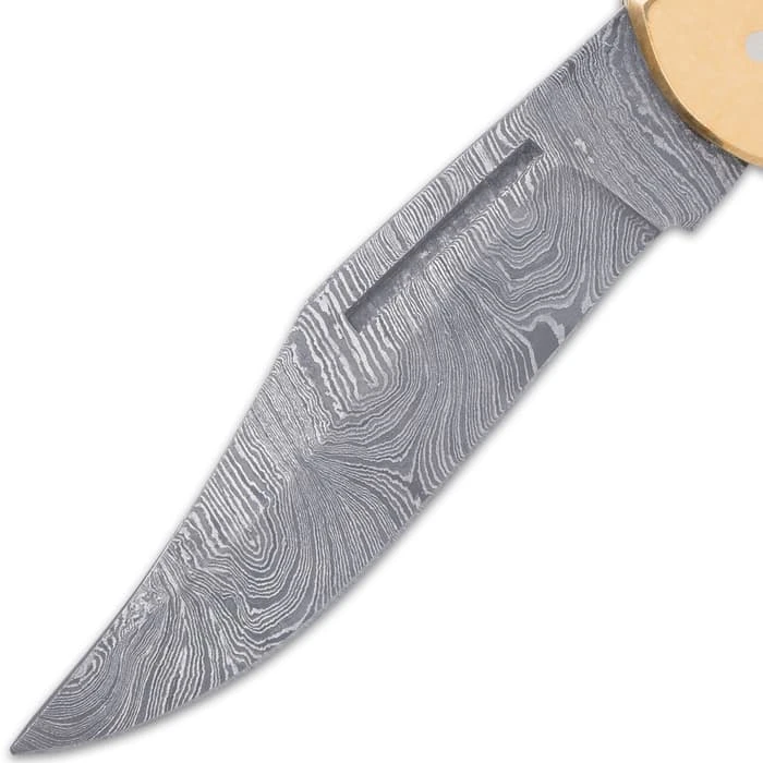 Timber Wolf Chief Executive Pocket Knife - Damascus Steel Blade, Wooden Handle Scales, Brass Bolsters, Fileworked Spine 7 Timber Wolf Chief Executive Pocket Knife - Damascus Steel Blade, Wooden Handle Scales, Brass Bolsters, Fileworked Spine - Image 7