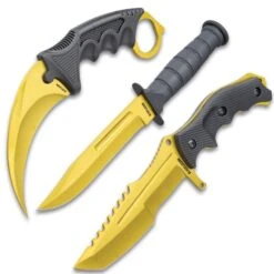 Black Legion Solar Gold Triple Knife Set - Karambit, Hunter Knife, Survival Knife, Stainless Steel Blades, TPU Handles, Nylon Sheaths -Knife Series Shop I17 BV573
